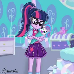 Size: 1000x1000 | Tagged: safe, artist:mlplary6, derpibooru import, princess flurry heart, sci-twi, twilight sparkle, human, equestria girls, aunt and niece, baby, carrying, equestria girls-ified, female, image, looking at each other, looking at someone, pacifier, png, smiling