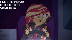Size: 1280x720 | Tagged: safe, derpibooru import, edit, edited screencap, editor:quoterific, screencap, sunset shimmer, equestria girls, equestria girls series, sunset's backstage pass!, spoiler:eqg series (season 2), desperate, desperation, driving, female, image, open mouth, png, rv, solo