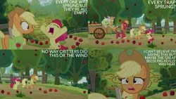 Size: 4400x2475 | Tagged: safe, derpibooru import, edit, edited screencap, editor:quoterific, screencap, apple bloom, applejack, big macintosh, goldie delicious, granny smith, cat, going to seed, apple, apple tree, barrel, cart, food, image, png, tree