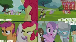 Size: 4400x2475 | Tagged: safe, derpibooru import, edit, edited screencap, editor:quoterific, screencap, apple bloom, boysenberry, diamond tiara, pipsqueak, scootaloo, silver spoon, sweetie belle, earth pony, pegasus, pony, unicorn, twilight time, apple bloom's bow, blank flank, bow, colt, cutie mark crusaders, excited, female, filly, foal, frown, glasses, hair bow, image, implied twilight sparkle, jewelry, male, oh no, open mouth, open smile, png, raised hoof, smiling, tiara