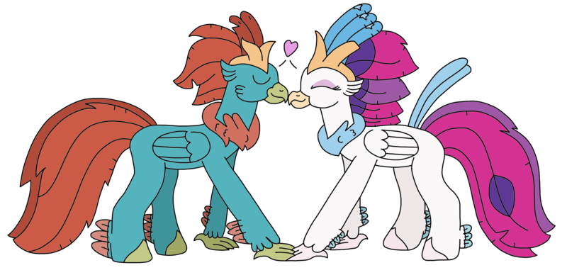 Size: 3180x1514 | Tagged: safe, artist:supahdonarudo, derpibooru import, queen novo, oc, classical hippogriff, hippogriff, my little pony: the movie, female, heart, husband and wife, image, male, nuzzling, png, simple background, transparent background