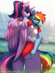 Size: 2048x2732 | Tagged: suggestive, artist:alphadesu, derpibooru import, rainbow dash, twilight sparkle, twilight sparkle (alicorn), alicorn, anthro, pegasus, butt, butt grab, butt touch, female, grope, image, lesbian, png, shipping, sports outfit, twibutt, twidash