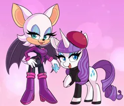 Size: 1200x1024 | Tagged: safe, artist:faeriebottle, derpibooru import, rarity, anthro, bat, pony, unicorn, beatnik rarity, beret, clothes, crossover, diamond, female, hat, image, jpeg, kazumi evans, looking at you, mare, pink background, rouge the bat, simple background, smiling, sonic the hedgehog (series), sweater, voice actor joke