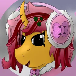 Size: 3000x3000 | Tagged: safe, artist:spiroudada, derpibooru import, oc, oc:dolly hooves, unofficial characters only, pony, unicorn, bow, bust, clothes, crossdressing, image, male, pink, png, portrait, smiling, snow, stallion, winter