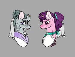 Size: 894x686 | Tagged: safe, artist:cyrinthia, artist:ladypastal, derpibooru import, marble pie, sugar belle, pony, base used, bust, clothes, coat markings, colored ears, dress, ear piercing, earring, female, gray background, image, jewelry, lesbian, lipstick, marbelle, mare, marriage, piercing, png, portrait, pride month, shipping, signature, simple background, wedding, wedding dress, wedding veil