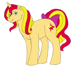 Size: 1405x1283 | Tagged: safe, artist:catlover1672, derpibooru import, sunset shimmer, pony, unicorn, bow, female, g1, g4, g4 to g1, generation leap, horn, image, mare, png, simple background, smiling, sun, tail, tail bow, white background