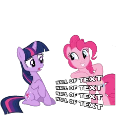 Size: 1000x1000 | Tagged: safe, artist:ken-dostudios, derpibooru import, pinkie pie, twilight sparkle, earth pony, pony, unicorn, duo, fourth wall, grin, image, png, simple background, smiling, text, transparent background, unicorn twilight