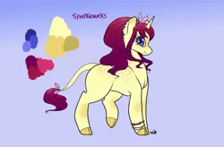 Size: 1105x723 | Tagged: safe, artist:apieceofmii, artist:ladypastal, derpibooru import, oc, oc:sparkleworks, unofficial characters only, classical unicorn, pony, unicorn, base used, bow, bracelet, cloven hooves, ear piercing, earring, female, freckles, gradient mane, hair bow, horn, image, jewelry, jpeg, leonine tail, mare, missing cutie mark, piercing, purple background, reference sheet, signature, simple background, solo, sparkles, unicorn oc, unshorn fetlocks