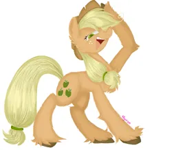 Size: 1349x1184 | Tagged: safe, artist:4agonism, derpibooru import, part of a set, mean applejack, earth pony, pony, the mean 6, applejack's hat, cheek fluff, chest fluff, clone, colored hooves, cowboy hat, ear fluff, female, fluffy, freckles, full body, hat, hoof fluff, hoof on head, image, leg fluff, looking at you, mare, png, ponytail, raised hoof, smiling, solo, unshorn fetlocks