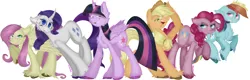 Size: 1830x583 | Tagged: safe, artist:4agonism, derpibooru import, part of a set, applejack, fluttershy, mean applejack, mean fluttershy, mean pinkie pie, mean rainbow dash, mean rarity, mean twilight sparkle, pinkie pie, rainbow dash, rarity, twilight sparkle, twilight sparkle (alicorn), alicorn, earth pony, pegasus, pony, unicorn, the mean 6, applejack's hat, cheek fluff, chest fluff, clone, colored, colored hooves, cowboy hat, ear fluff, evil grin, fluffy, flying, freckles, full body, glare, grin, hat, hoof fluff, horn, image, leg fluff, looking at you, looking sideways, mane six, mean six, png, ponytail, raised hoof, shoulder fluff, simple background, smiling, spread wings, unshorn fetlocks, wings