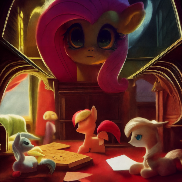 Size: 2048x2048 | Tagged: safe, artist:zealousmagician, derpibooru import, machine learning assisted, machine learning generated, purplesmart.ai, stable diffusion, fluttershy, oc, pegasus, pony, blue eyes, creepy, female, image, looking at you, lying down, miniature, png, prone, room, toy