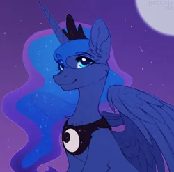 Size: 1296x1278 | Tagged: safe, artist:trickate, derpibooru import, princess luna, alicorn, pony, female, image, looking at you, mare, moon, png, smiling, smiling at you, solo