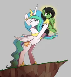 Size: 426x465 | Tagged: artist needed, safe, derpibooru import, princess celestia, oc, oc:anonfilly, alicorn, earth pony, pony, aggie.io, circle of life, cropped, drawthread, duo, explicit source, eyes closed, eyes open, female, filly, foal, glow, gray background, holding a pony, image, mare, png, simple background, smiling, the lion king
