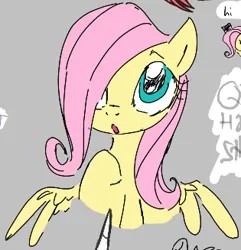 Size: 315x327 | Tagged: artist needed, safe, derpibooru import, fluttershy, pegasus, pony, :o, aggie.io, bust, cropped, cute, drawthread, female, filly, filly fluttershy, foal, gray background, hair over one eye, image, open mouth, png, simple background, solo, wide eyes, younger