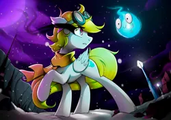 Size: 1280x901 | Tagged: safe, artist:ill_yumi, derpibooru import, oc, oc:thorn darkness, unofficial characters only, pegasus, pony, complex background, image, jpeg, moon, night, snow, solo