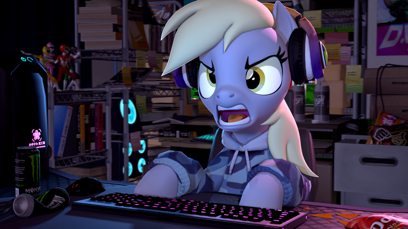 Size: 3840x2160 | Tagged: safe, artist:owlpirate, derpibooru import, derpy hooves, pegasus, pony, 3d, 4k, angry, clothes, computer, gamer, headphones, high res, hoodie, image, keyboard, monster energy, open mouth, png, solo, source filmmaker