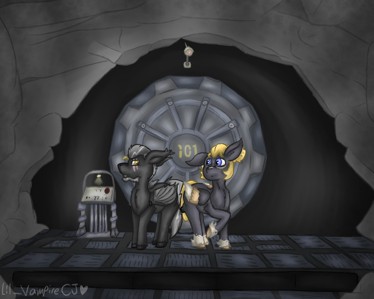 Size: 1280x1024 | Tagged: safe, artist:lil_vampirecj, derpibooru import, oc, unofficial characters only, bat pony, pegasus, pony, fallout equestria, commission, fallout, floppy ears, image, looking at each other, looking at someone, png, scene, vault 101, ych result, your character here