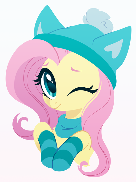 Size: 2248x3000 | Tagged: safe, artist:belka-sempai, derpibooru import, fluttershy, pony, clothes, cute, hat, image, one eye closed, png, smiling, socks, solo, striped socks, wink, winter hat