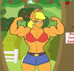 Size: 1297x1253 | Tagged: suggestive, artist:astrum, artist:calm wind, artist:matchstickman, derpibooru import, edit, applejack, anthro, 1000 years in photoshop, abs, apple, applejack's hat, applejacked, biceps, bra, breasts, busty applejack, buy some apples, clothes, cowboy hat, denim, denim shorts, flexing, food, hat, image, looking at you, muscles, png, shorts, sign, sweet apple acres, tree, underwear