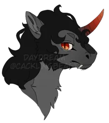 Size: 745x844 | Tagged: safe, artist:cackling-beast, derpibooru import, king sombra, pony, unicorn, black mane, bust, derpibooru exclusive, fangs, gray coat, horn, image, male, obtrusive watermark, png, portrait, red eyes, red horn, simple background, solo, stallion, the crystal empire 10th anniversary, transparent background, watermark