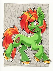 Size: 1775x2372 | Tagged: safe, artist:dandy, derpibooru import, oc, oc:fire cabbage, pony, unicorn, chest fluff, copic, ear fluff, ear piercing, horn, image, looking at you, open mouth, piercing, png, solo, traditional art, unicorn oc, unshorn fetlocks