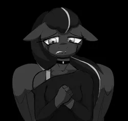 Size: 2071x1973 | Tagged: safe, artist:arume_lux, derpibooru import, oc, oc:arkessa, unofficial characters only, anthro, pegasus, black background, clothes, crying, floppy ears, image, lip piercing, monochrome, piercing, png, sad, simple background, snake bites, solo