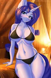 Size: 839x1280 | Tagged: suggestive, artist:hellcat120, derpibooru import, rarity, anthro, unicorn, bedroom eyes, belly button, big breasts, bikini, blushing, breasts, busty rarity, clothes, detailed background, digital art, female, image, jpeg, looking at you, pose, solo, stupid sexy rarity, swimsuit, tail, thighs, underass, wide hips