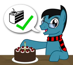 Size: 1938x1731 | Tagged: safe, artist:sketchmcreations, derpibooru import, oc, oc:sketch mythos, earth pony, pony, birthday, cake, clothes, food, glasses, happy birthday, image, looking at you, male, open mouth, png, portal (valve), scarf, simple background, smiling, stallion, table, the cake is a lie, transparent background, vector