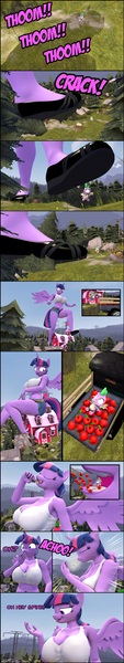 Size: 2447x13000 | Tagged: suggestive, artist:antonioy111, derpibooru import, spike, twilight sparkle, twilight sparkle (alicorn), alicorn, anthro, 3d, accidental vore, apple, barn, bedroom eyes, belly button, breasts, busty twilight sparkle, clothes, comic, commission, eyes closed, food, horn, image, jpeg, jumping, macro, open mouth, running, shirt, shoes, shorts, sitting, sneezing, source filmmaker, spread wings, stomping, tail, thighs, truck, vore, wide hips, wings