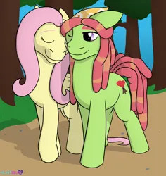 Size: 1650x1746 | Tagged: safe, artist:passionpanther, derpibooru import, fluttershy, tree hugger, earth pony, pegasus, cheek to cheek, couple, duo, duo female, eyes closed, female, flutterhugger, forest, image, lesbian, nature, one eye closed, png, shipping, smiling, tree, trotting