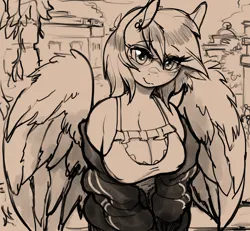 Size: 2168x2000 | Tagged: suggestive, artist:replica, derpibooru import, oc, unofficial characters only, anthro, pegasus, big breasts, breasts, busty oc, cleavage, clothes, erect nipples, female, glasses, image, jacket, jpeg, looking at you, monochrome, nipple outline, off shoulder, sketch, smiling, smiling at you, solo, solo female