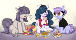 Size: 4500x2388 | Tagged: safe, artist:lockheart, derpibooru import, oc, oc:dot matrix, oc:n64 mare, oc:sega mare, unofficial characters only, crystal pony, earth pony, pegasus, pony, beanbrows, blushing, bucktooth, burger, chicken meat, chicken nugget, colored pupils, crystal pony oc, drink, drinking, drinking straw, eyebrows, eyebrows visible through hair, female, food, french fries, game boy, hair over eyes, hair over one eye, happy meal, high res, hoof hold, image, mare, meat, png, sitting, sonic the hedgehog, sonic the hedgehog (series), thick eyebrows, trio, underhoof