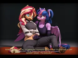 Size: 7200x5400 | Tagged: suggestive, artist:imafutureguitarhero, derpibooru import, sci-twi, sunset shimmer, twilight sparkle, twilight sparkle (alicorn), alicorn, anthro, classical unicorn, unguligrade anthro, unicorn, series:twilight's sexual deviancy, 3d, 4:3, :p, absurd file size, absurd resolution, arm around back, arm fluff, arm freckles, belly fluff, bellyrubs, black bars, bondage, cheek fluff, chest freckles, chin fluff, chromatic aberration, clothes, cloven hooves, colored eyebrows, colored eyelashes, conversation, cute, derpibooru exclusive, dialogue, dialogue in the description, ear fluff, evening gloves, exposed belly, female, femsub, film grain, fingerless elbow gloves, fingerless gloves, floppy ears, fluffy, fluffy hair, fluffy mane, fluffy tail, freckles, fur, gloves, hand on shoulder, horn, image, jpeg, leonine tail, long gloves, long nails, looking at someone, looking down, multicolored hair, multicolored mane, multicolored tail, neck fluff, nose wrinkle, one ear down, open mouth, pants, peppered bacon, restrained, revamped anthros, revamped ponies, scitwilicorn, sexually oblivious, shoulder fluff, shoulder freckles, signature, socks, source filmmaker, stage.bsp, straitjacket, striped gloves, striped socks, submissive, subset, subtitles, tail, tail fluff, talking, tanktop, text, tongue out, twiabetes, underhoof, unshorn fetlocks, wall of tags, wings