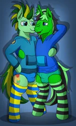 Size: 2963x4921 | Tagged: suggestive, artist:tacomytaco, derpibooru import, oc, oc:double jump, oc:taco.m.tacoson, unofficial characters only, arm behind head, bipedal, briefs, clothes, crotch bulge, gay, gradient background, hoodie, hug, image, kiss on the cheek, kissing, male, males only, one eye closed, png, side hug, socks, underwear