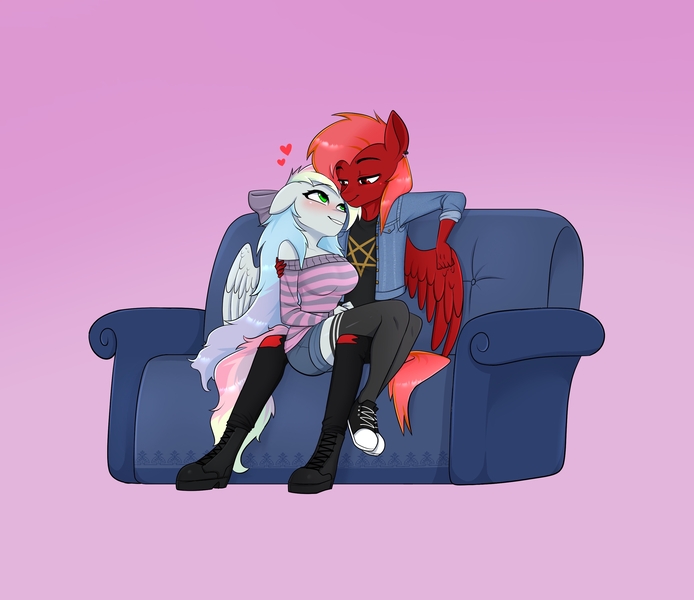 Size: 2933x2534 | Tagged: safe, artist:tomiku, derpibooru import, oc, oc:blazey sketch, oc:lucas reins, unofficial characters only, anthro, blushing, clothes, couple, cuddling, heart, image, jpeg, long hair, multicolored hair, off shoulder, off shoulder sweater, pink background, pink hair, shading, simple background, smiling, smirk, sweater