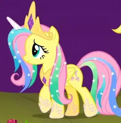 Size: 504x512 | Tagged: safe, fluttershy, horse play, fake horn, hoof shoes, image, jewelry, jpeg, my little pony, regalia