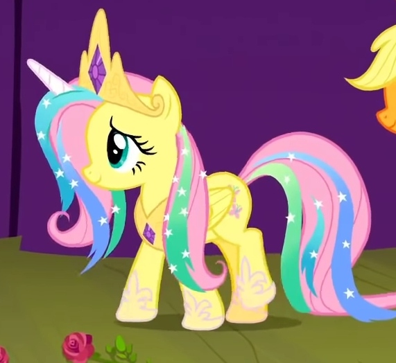 Size: 571x524 | Tagged: safe, applejack, fluttershy, pony, horse play, fake horn, flower, hoof shoes, image, jewelry, jpeg, my little pony, regalia, rose, solo focus