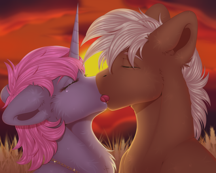 Size: 5315x4252 | Tagged: safe, artist:creed larsen, derpibooru import, oc, pony, unicorn, commission, eyes closed, female, image, kissing, male, oc x oc, png, romantic, shipping, sunset