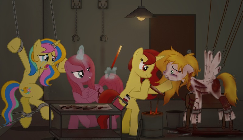 Size: 2664x1536 | Tagged: grimdark, artist:equestria secret guard, derpibooru import, oc, oc:cath, oc:diagnosis, oc:lemon, alicorn, pony, unicorn, pony creator, alicorn oc, basement, begging, blood, bloodshot eyes, bondage, bondage furniture, chains, chinese text, crying, dungeon, female, horn, image, imminent death, jpeg, knife, mare, moon runes, teary eyes, torture, unicorn oc, wings