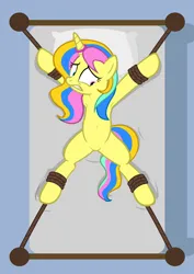 Size: 1536x2166 | Tagged: suggestive, artist:equestria secret guard, derpibooru import, oc, oc:lemon, pony, unicorn, armpits, bed, belly button, bondage, chinese text, female, horn, horn ring, image, jewelry, jpeg, magic suppression, mare, moon runes, on bed, ring, rope, rope bondage, sexy, spread eagle, tied to bed, tied up, unicorn oc