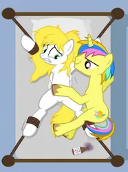 Size: 1536x2064 | Tagged: suggestive, artist:equestria secret guard, derpibooru import, oc, oc:cath, oc:lemon, pony, unicorn, pony creator, armpits, bed, bedroom eyes, belly button, bondage, chinese text, female, horn, image, jpeg, male, mare, moon runes, on bed, rope, rope bondage, rule 63, sexy, spread eagle, stallion, stallion on mare, straight, tied to bed, tied up, unicorn oc