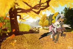 Size: 3000x2000 | Tagged: safe, artist:lionbun, derpibooru import, oc, oc:blazey sketch, oc:tempest streamrider, unofficial characters only, pegasus, pony, armor, autumn, background, bridge, carrying, commission, female, image, injured wing, leaves, male, mare, png, royal guard, stallion, tree, wings