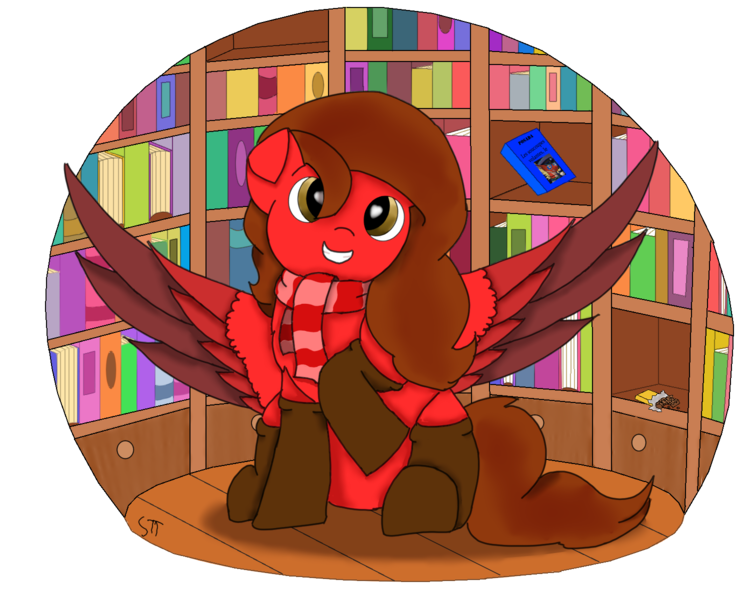 Size: 1500x1200 | Tagged: safe, artist:schumette14, derpibooru import, oc, oc:apple chocolate, unofficial characters only, pegasus, book, bookshelf, clothes, commission, image, library, png, scarf, simple background, socks, solo, striped scarf, transparent background