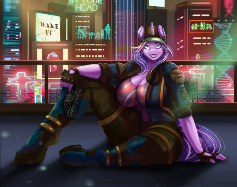 Size: 1230x969 | Tagged: safe, artist:mdwines, derpibooru import, oc, oc:ripy, anthro, unguligrade anthro, unicorn, big breasts, breasts, city, cityscape, cleavage, clothes, cyberpunk, ear piercing, fingerless gloves, gloves, gun, handgun, hat, horn, image, jacket, lidded eyes, lips, looking at you, piercing, png, smiling, solo, unicorn oc, weapon