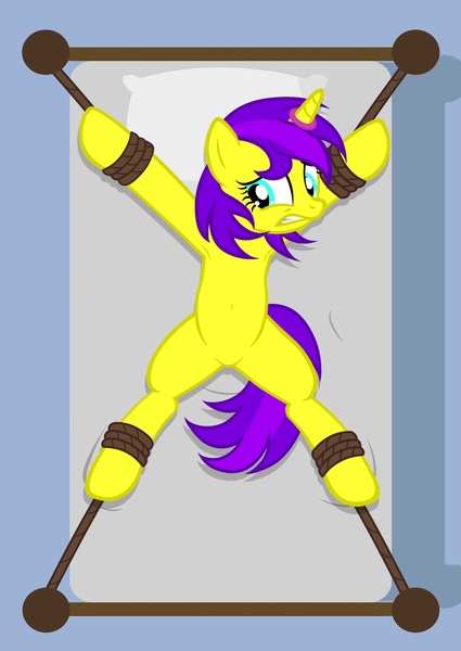 Size: 1536x2166 | Tagged: suggestive, artist:equestria secret guard, derpibooru import, oc, oc:清明上坟图, unicorn, armpits, bed, belly button, bondage, chinese text, horn, horn ring, image, jewelry, jpeg, magic suppression, moon runes, on bed, ring, rope, rope bondage, sexy, spread eagle, tied to bed, tied up, unicorn oc