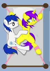 Size: 1536x2166 | Tagged: suggestive, artist:equestria secret guard, derpibooru import, oc, oc:quantum rad, oc:清明上坟图, oc:量子小辐, pony, unicorn, pony creator, armpits, bed, bedroom eyes, belly button, bondage, chinese text, couple, female, horn, horn ring, image, jewelry, jpeg, magic suppression, male, mare, moon runes, on bed, ring, rope, rope bondage, sexy, spread eagle, stallion, stallion on mare, straight, tied to bed, tied up, unicorn oc