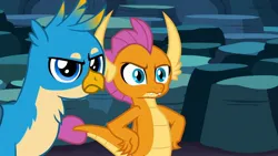 Size: 1920x1080 | Tagged: safe, derpibooru import, screencap, gallus, smolder, dragon, gryphon, season 9, uprooted, spoiler:s09, 1080p, dragoness, duo, female, gallus is not amused, hand on hip, image, jpeg, male, reaction image, smolder is not amused, unamused