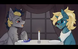 Size: 3508x2220 | Tagged: safe, artist:dorkmark, artist:pandachenn, derpibooru import, oc, bat pony, changeling, earth pony, pegasus, pony, candle, dinner, image, micro, png, restaurant, solo