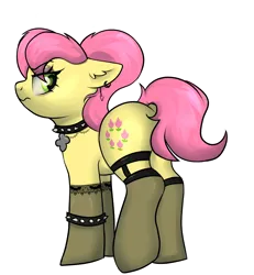 Size: 2034x2200 | Tagged: safe, artist:dumbwoofer, derpibooru import, posey (g5), pony, angry, bracelet, butt, choker, clothes, collar, ear fluff, ear piercing, earring, eyeshadow, female, g4, g5, g5 to g4, garter belt, generation leap, goth, image, jewelry, looking at you, looking back, looking back at you, makeup, mare, necklace, piercing, plot, png, simple background, socks, solo, spiked choker, spiked collar, spiked wristband, stockings, thigh highs, transparent background, tsundere, wristband