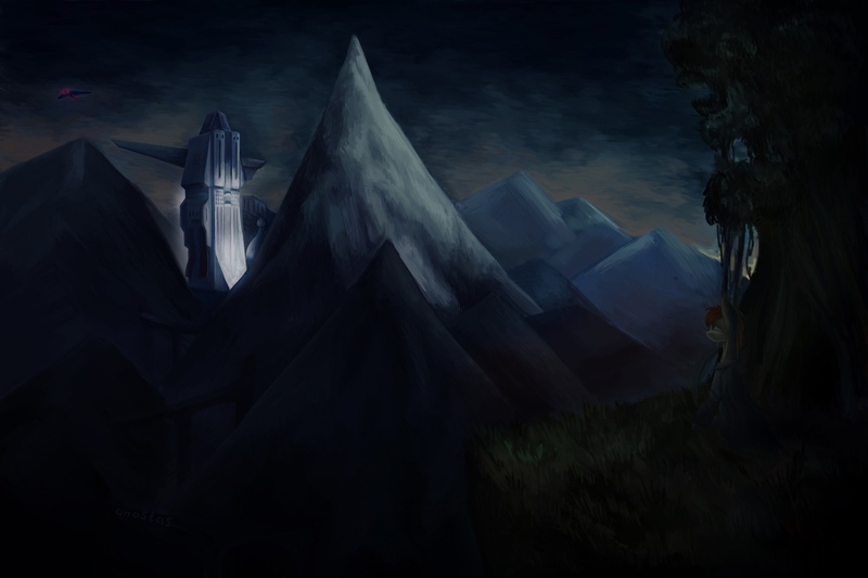 Size: 1280x853 | Tagged: semi-grimdark, artist:anastas, derpibooru import, oc, unofficial characters only, earth pony, pony, banner, bridge, building, castle, clothes, cloud, cloudy, evening, fortress, german, grass, ho 229, image, jpeg, male, mountain, new canterlot, overcoat, scenery, searchlight, stallion, tree, wolfenstein